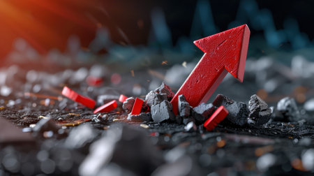 A striking red arrow emerges from shattered concrete, representing growth and success in a dynamic financial landscape. This visual symbolizes resilience and opportunity.の素材