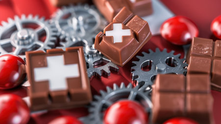 A whimsical arrangement of colorful chocolate treats, silver gears, and bright red spheres creates a striking visual on a bold red background. Ideal for festive themes.の素材