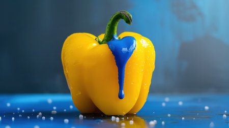 A striking yellow bell pepper with vivid blue paint dripping down its side showcases creativity in food presentation. Perfect for artistic culinary imagery.の素材