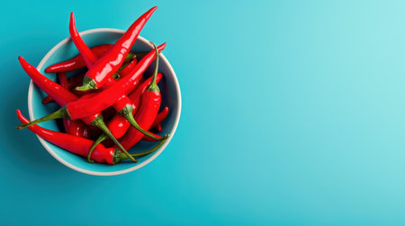 A vibrant arrangement of fresh red chili peppers in a bowl against a bright blue background, ideal for food photography, recipes, and culinary presentations.の素材