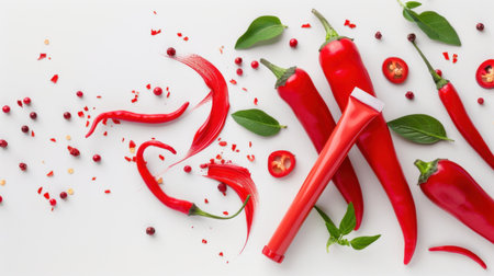 A vibrant and colorful arrangement of red chili peppers accompanied by fresh herbs and slices, perfect for food photography and culinary inspiration.の素材