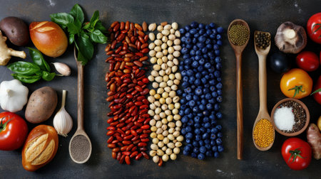 A visually appealing arrangement of fresh ingredients including vegetables, herbs, legumes, and spices on a rustic wooden table, perfect for healthy cooking.の素材