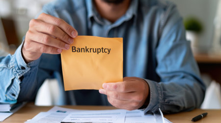 A male adult holds an envelope marked "Bankruptcy," reflecting financial concerns amidst scattered paperwork on a wooden table. This image captures the emotional weight of financial struggles.の素材
