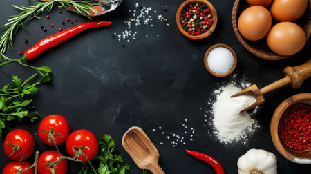 A beautifully arranged flat lay featuring fresh ingredients like tomatoes, eggs, and spices, perfect for home cooking and culinary inspiration.の素材