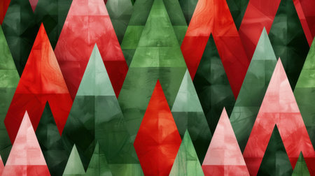 This vibrant geometric pattern features a mix of triangular shapes in red, green, and shades for an eye-catching modern design element. Perfect for seasonal decor or backgrounds.の素材