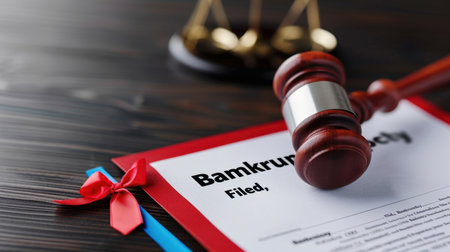 A close-up of a legal document related to bankruptcy filing, featuring a gavel and scales of justice on a dark wooden table, symbolizing law and order.の素材