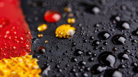 This image features a close-up view of water droplets on a textured surface with red, yellow, and black colors. The interplay of light and moisture creates an intriguing visual effect. Each droplet adds depth and dimension, enhancing the overall aesthetic appeal. Ideal for designs needing vibrancy and freshness.の素材