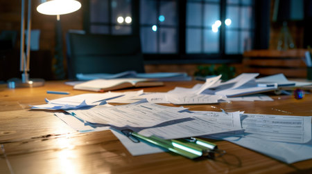 A cluttered workspace features papers and office supplies scattered on a wooden desk, illuminated by a warm desk lamp, capturing a creative nighttime atmosphere.の素材