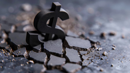 A striking black dollar sign rises from a fragmented concrete surface, highlighting themes of financial distress and economic instability in today's landscape.の素材
