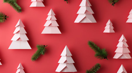 Whimsical arrangement of pink paper trees and green pine branches on a vibrant red backdrop, capturing the festive spirit perfect for holiday designs.の素材