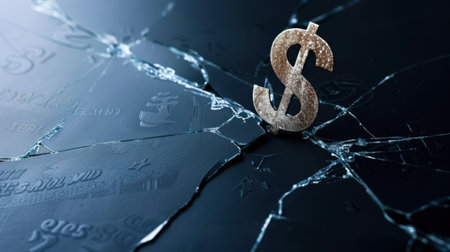 A striking image featuring a glittering dollar sign amidst shattered glass, representing financial disruption and economic challenges in today's society.の素材