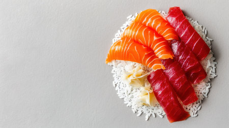 A visually striking sushi platter featuring an assortment of vibrant fish varieties elegantly arranged atop a mound of fluffy rice, showcasing a perfect blend of color and freshness.の素材