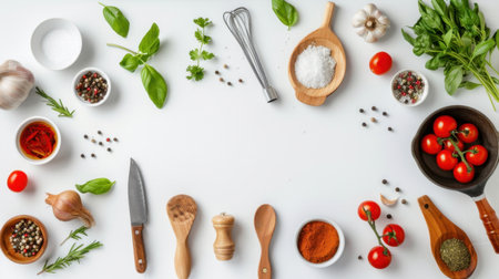 A beautifully arranged spread of fresh cooking ingredients on a clean white surface, showcasing herbs, spices, and tomatoes ready for culinary creation.の素材