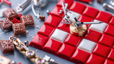 A visually striking arrangement featuring a colorful clock positioned atop red chocolate squares, surrounded by luxurious accessories. Ideal for creative projects.の素材
