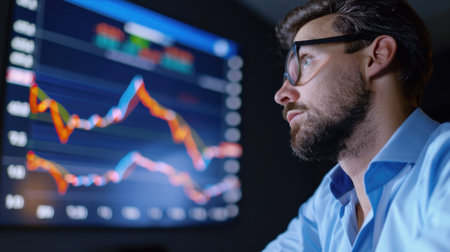 A focused male analyst observes stock market trends displayed on a digital screen, capturing the essence of modern finance and data analysis in an office setting.の素材