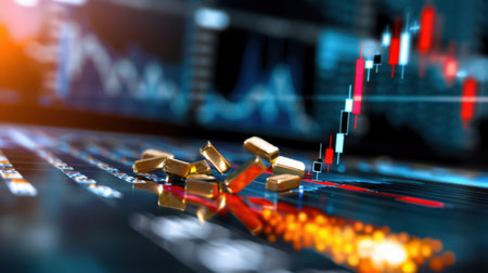 This captivating image showcases gold bars lying on a digital financial background, symbolizing investment strategies and market trends in trading.の素材