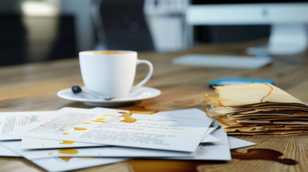 This stock photo captures a modern office desk featuring a coffee cup, spilled documents, and stacked files, conveying a busy and dynamic work atmosphere.の素材