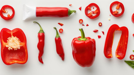 A stunning array of fresh red peppers and chili peppers arranged artfully on a white background, showcasing vibrant colors and textures, perfect for food photography, culinary inspiration, or recipe development.の素材