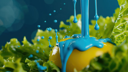A striking close-up image featuring a yellow egg surrounded by fresh green lettuce, with vibrant blue liquid splashing down, creating an artistic composition.の素材