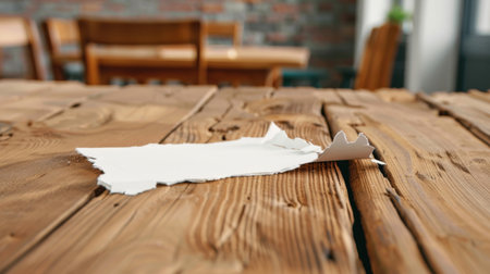 A close-up view of a torn white paper sheet lying on a rustic wooden table. The soft focus background features a warm, inviting home or office setting, perfect for showcasing creativity.の素材