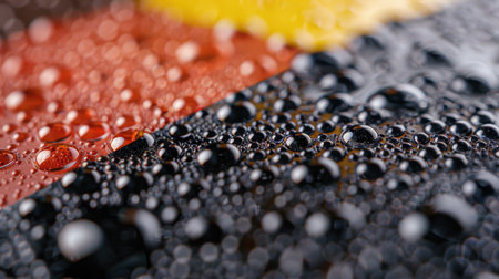 This image features a close-up view of water droplets resting on a striking surface displaying red, yellow, and black colors, showcasing intricate textures.の素材