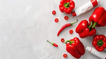 This eye-catching image features vivid red bell peppers and spicy chili peppers arranged with sauces, ideal for inspiring healthy cooking and meal preparation.の素材