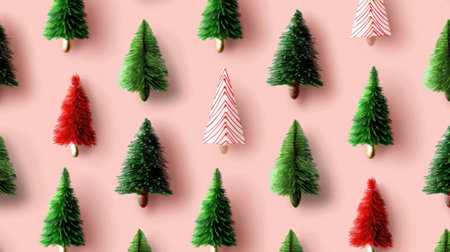 This vibrant image features an array of colorful miniature Christmas trees arranged on a soft pink background, perfect for holiday decoration inspiration.の素材