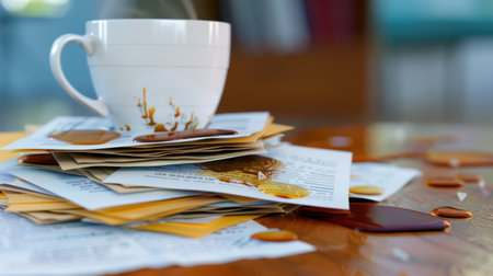 A cozy workspace scene featuring a messy desk with a cup of coffee and scattered papers. The warm tones and steam create an inviting atmosphere, highlighting a creative workspace.の素材