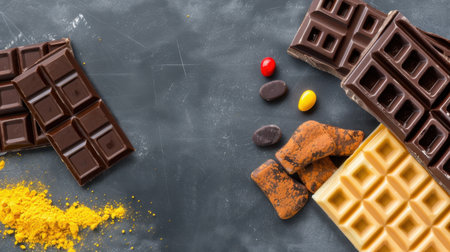 A visually appealing arrangement of various chocolate bars, cocoa powder, and colorful candy, perfect for culinary arts, food photography, or dessert presentations.の素材