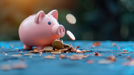 A charming piggy bank spills coins onto a wooden surface, symbolizing the importance of savings and smart financial planning. The image captures the essence of managing funds effectively in a vibrant setting.の素材