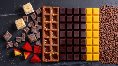 A visually stunning arrangement of assorted chocolate varieties alongside fresh ingredients, offering a delightful treat for dessert lovers and food enthusiasts.の素材