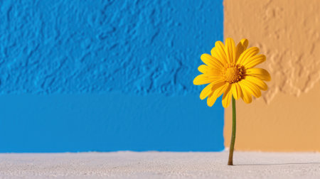 A vibrant yellow flower stands against a colorful wall featuring blue and orange sections, showcasing a perfect blend of nature and modern texture.の素材