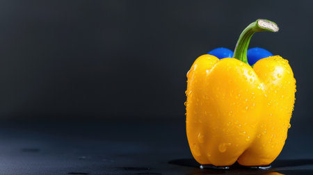 A bright yellow bell pepper sits on a dark surface, enhanced by glistening water droplets, symbolizing freshness and healthy eating choices.の素材