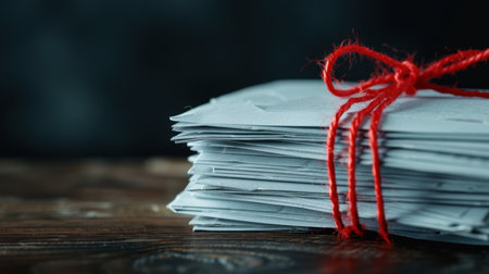 A beautifully arranged stack of closed envelopes tied with bright red string, set against a dark background, evoking a sense of traditional communication and charm.の素材