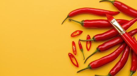 A striking composition featuring fresh red chili peppers arranged artistically on a bright yellow background, combined with a makeup brush, symbolizing creativity and flavor in culinary and beauty industries.の素材