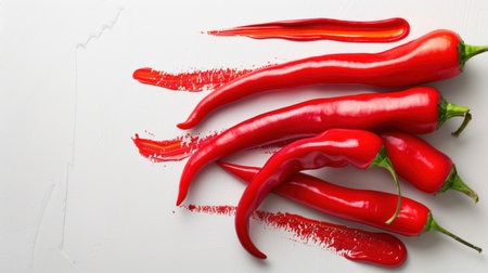 Vivid red chili peppers arranged artistically with spicy paint strokes on a bright background, symbolizing culinary creativity and vibrant flavors.の素材