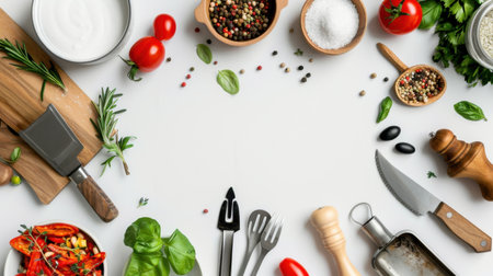 A well-arranged flat-lay of fresh ingredients and kitchen utensils on a white background, perfect for cooking and food preparation. Ideal for culinary projects.の素材