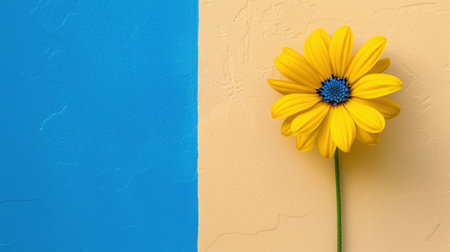 A stunning bright yellow flower stands out against a textured background divided into blue and yellow sections, creating a vibrant and cheerful ambiance.の素材