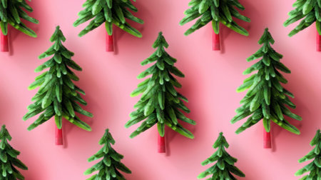 A charming arrangement of colorful Christmas trees in green and red tones set against a pink background. Perfect for modern holiday themes and decorations.の素材
