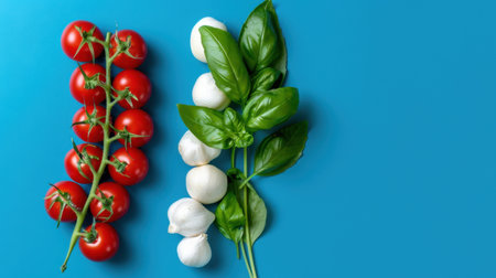 This image showcases fresh cherry tomatoes, creamy mozzarella balls, and fragrant basil leaves neatly arranged on a bright blue background, ideal for culinary themes.の素材