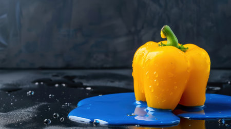 This artistic composition features a fresh yellow bell pepper resting on vibrant blue paint, highlighted by water droplets, creating a striking contrast.の素材