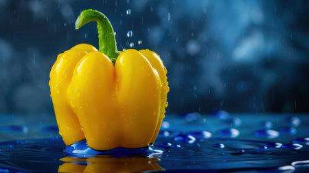 This stunning image showcases a fresh yellow bell pepper adorned with droplets of water, set against a blue background. The vibrant colors and clear details emphasize the freshness of this healthy vegetable, making it ideal for cooking and nutrition-related themes.の素材