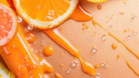 A vibrant image showcasing freshly sliced oranges and grapefruit with juice droplets splashing on a beautiful backdrop, perfect for summer-themed designs.の素材