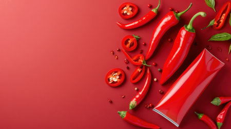 This captivating image showcases vibrant red chili peppers alongside a glossy package on a bright red background, emphasizing freshness and culinary appeal.の素材