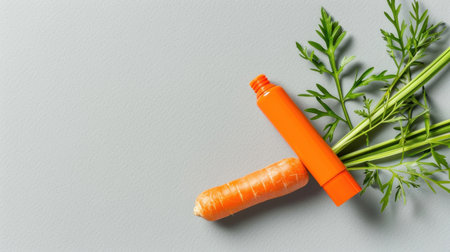A vibrant orange container rests next to a fresh carrot, surrounded by green leaves, set against a soft gray background, ideal for healthy food concepts.の素材