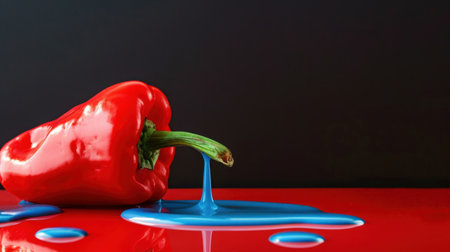 This captivating image showcases a red pepper with vivid blue paint dripping onto a bold red surface, creating a striking contrast. The surreal and artistic composition invites viewers to explore the fusion of food and art, evoking creativity and imagination.の素材