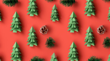 This image showcases a playful arrangement of green paper Christmas trees, pine cones, and faux foliage on a bold red background, perfect for holiday themes.の素材