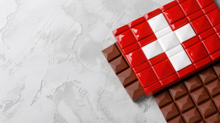 A vibrant display of colorful chocolate bars featuring a red design with a white cross symbol, set against a soft gray marble background. Ideal for food photography and candy design inspirations.の素材