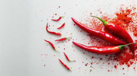 A captivating arrangement of vibrant red chili peppers alongside scattered spices and powder on a light surface. Ideal for culinary projects.の素材