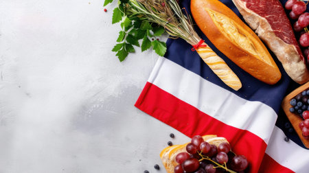 A picturesque arrangement featuring fresh baguettes, ripe grapes, and aromatic culinary herbs set against a tricolor flag background, showcasing vibrant colors.の素材